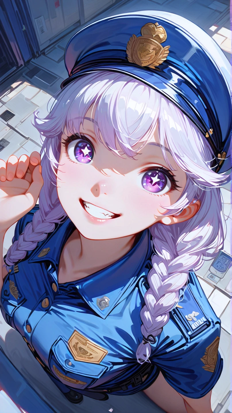 (masterpiece, best quality:1.2), 1 girl, unique, police uniform, short skirt, star-shaped pupils, detailed beautiful glistening purple eyes, detailed mouth, happy expression, canine teeth, bright smile, white hair in braids, grabbing police cap with one hand, (from above: 1.3), full body, creative accessories, creative background, parted lips, Lying on top