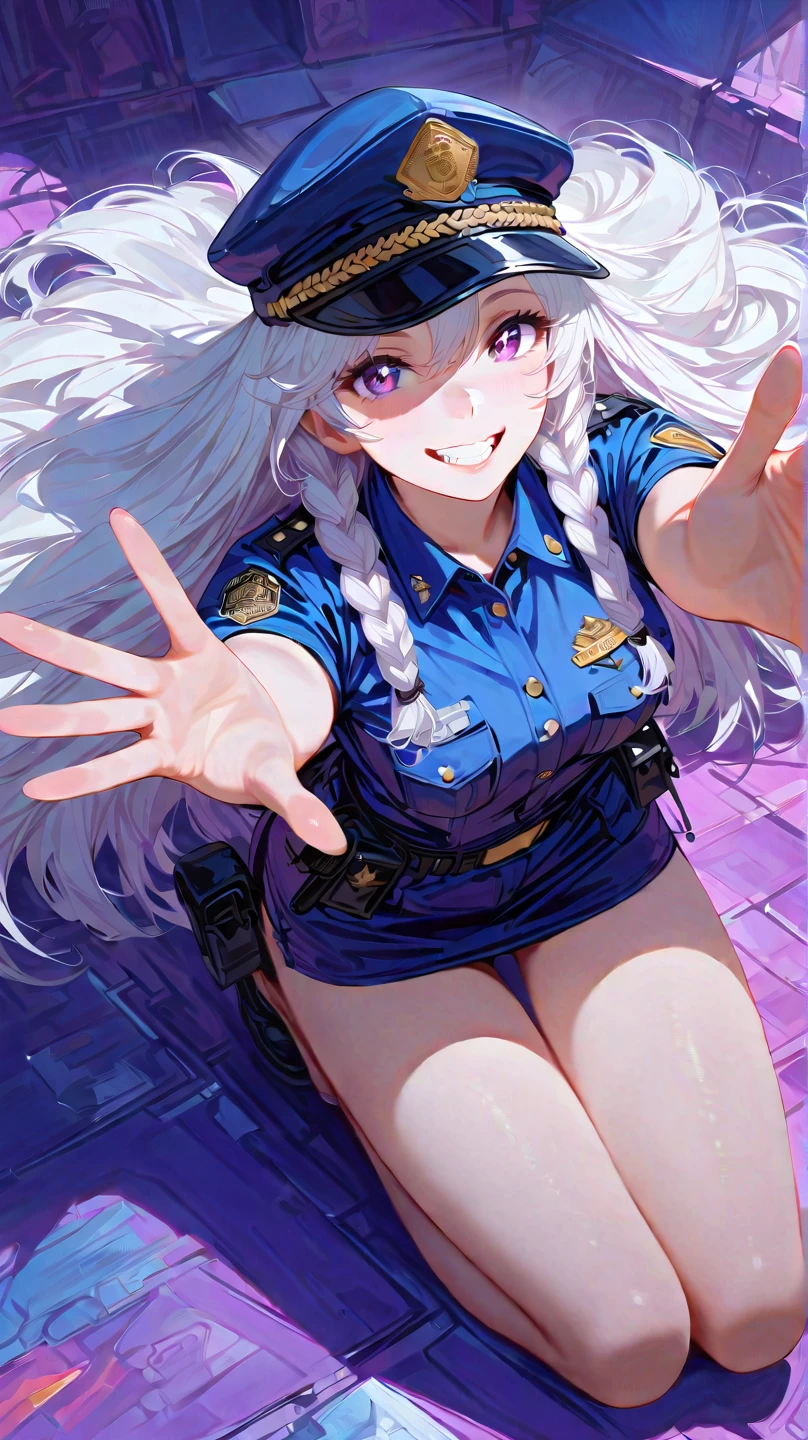 (masterpiece, best quality:1.2), 1 girl, unique, police uniform, short skirt, star-shaped pupils, detailed beautiful glistening purple eyes, detailed mouth, happy expression, canine teeth, bright smile, white hair in braids, grabbing police cap with one hand, (from above: 1.3), full body, creative accessories, creative background, parted lips, Lying on top