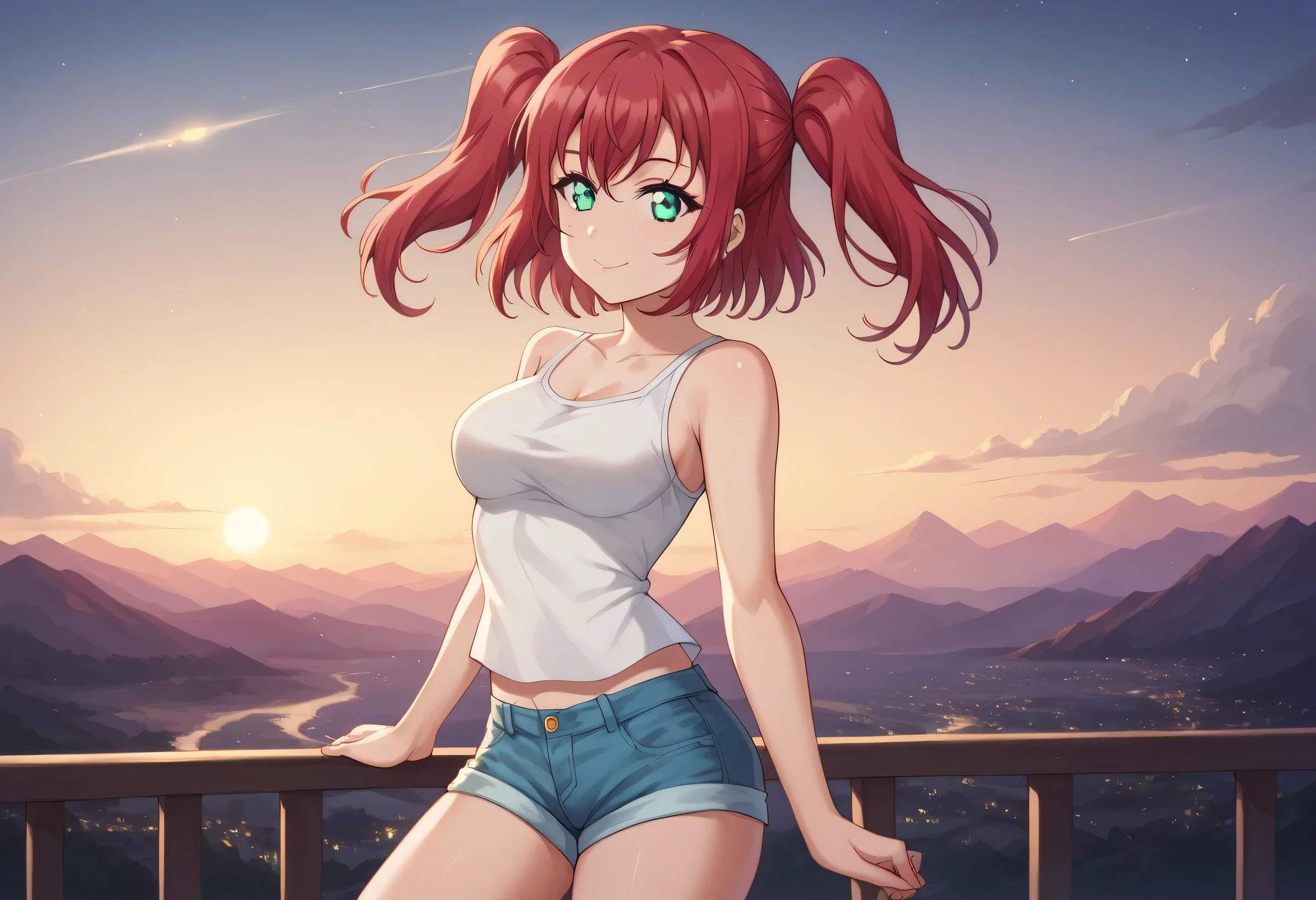 ruby kurosawa, short hair, bangs, green eyes, red hair, aqua eyes, two side up, medium breasts, short shorts, favela city brazil at night 8k, masterpiece, best quality, girl, beautiful face, clean skin, shiny hair, shiny skin, relista high quality 8k beautiful face, high quality 8k eyes realistic shine, best quality, very aesthetic, absurd, body 8k quality absurdly ultra -realistic, high quality scenery reslimos ultra 8k, bright scenery remains,