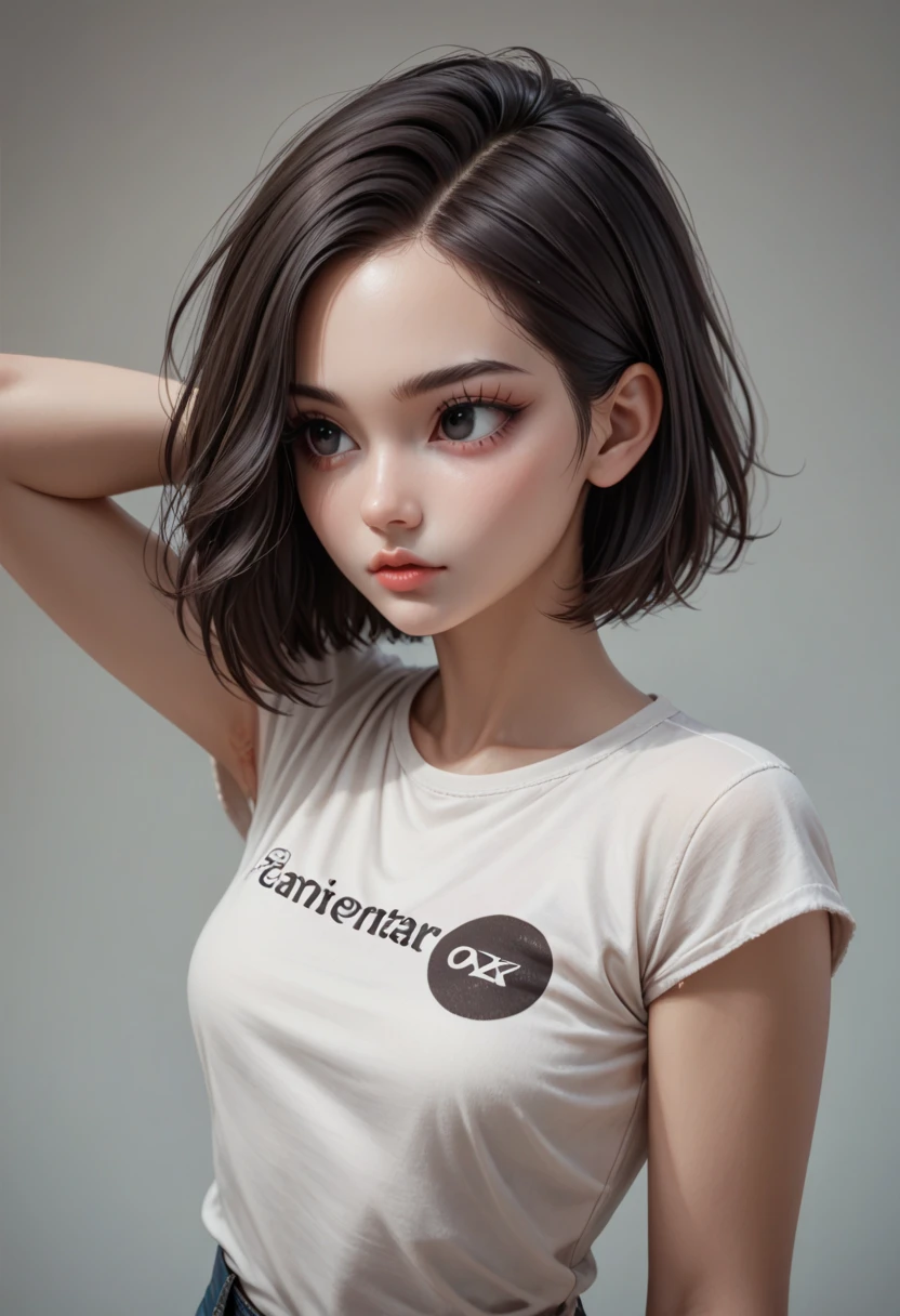 Best quality, 8k, 32k, perfect body, ultra detailed face, , detailed eyes, detailed black eyelashes, beautiful face, asymmetrical bob hair, detailed white skin, sweet little lips, looking forward, a little black armpit hair, graceful standing pose, black short jeans, shirt manchester united