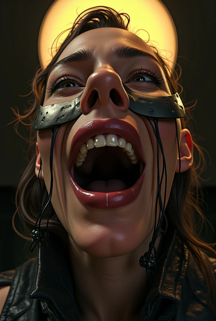 18 yo woman with a Ball_Gag tied to a steel pole, masterpiece, masterpiece, professional photography, uhd, 8k, very detailed, photon mapping