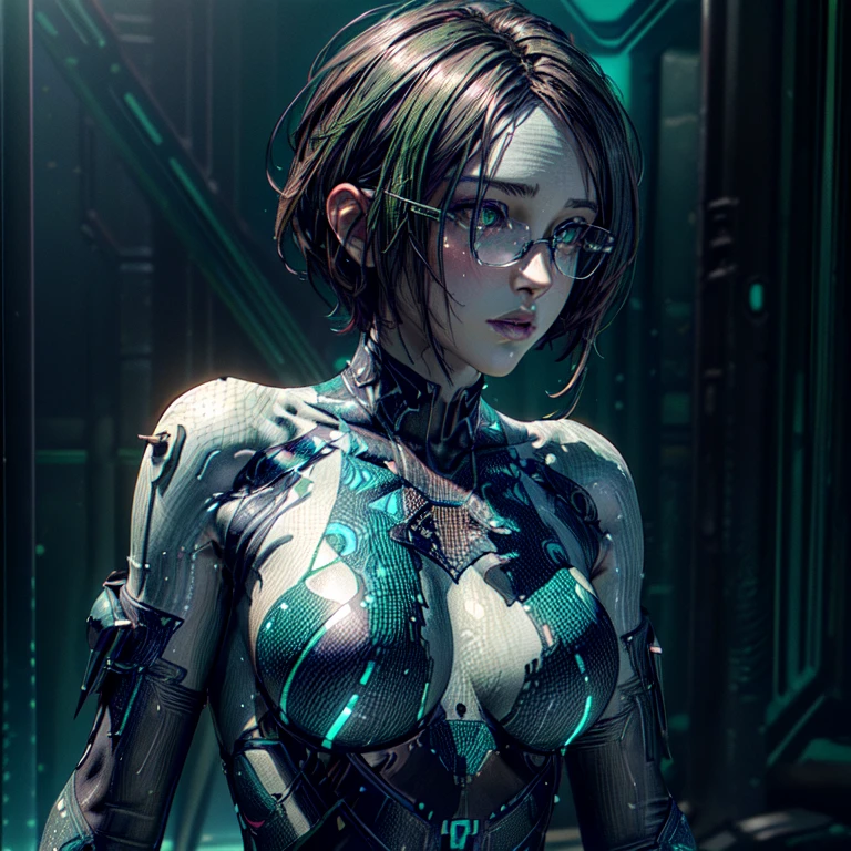  close-up ,  upper body .  Green skin tone ,  green eyes ,  metal-framed glasses, Cortana . ( masterpiece fails,  top quality ,  better quality ,  official art,  beautiful and aesthetic :1.2),  Extremely detailed ,( fractal art :1.2), Colorful ,The most detailed, ( green lighting :1.4). (( Cleavage.  skin texture ,  Shiny skin . elegance.  photorealism .  unreal engine .  3d Model.  Ultra high quality textures.  High detail .  8k resolution))