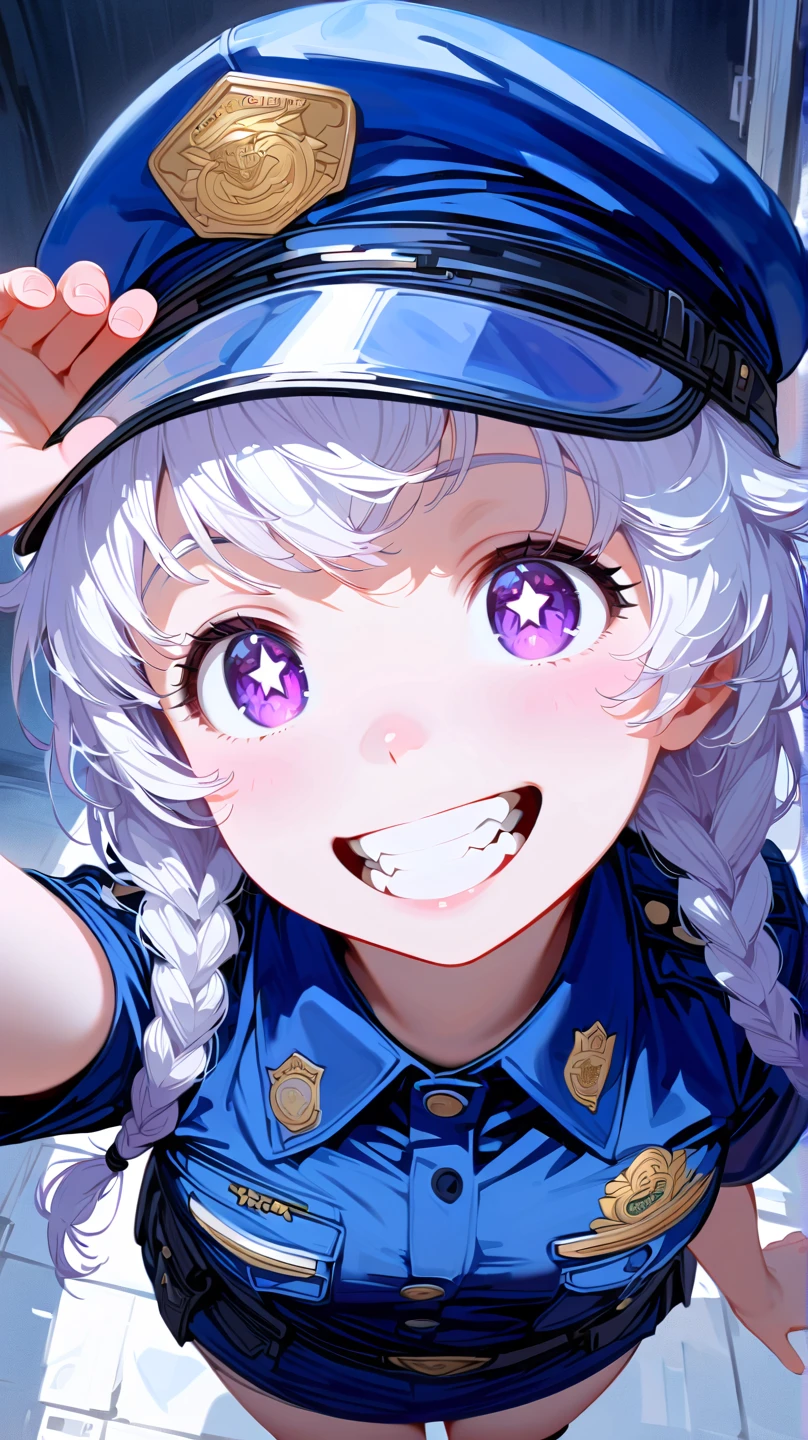 (masterpiece, best quality:1.2), 1 girl, unique, police uniform, short skirt, star-shaped pupils, detailed beautiful glistening purple eyes, detailed mouth, happy expression, canine teeth, bright smile, white hair in braids, grabbing police cap with one hand, (from above: 1.3), full body, creative accessories, creative background, parted lips,