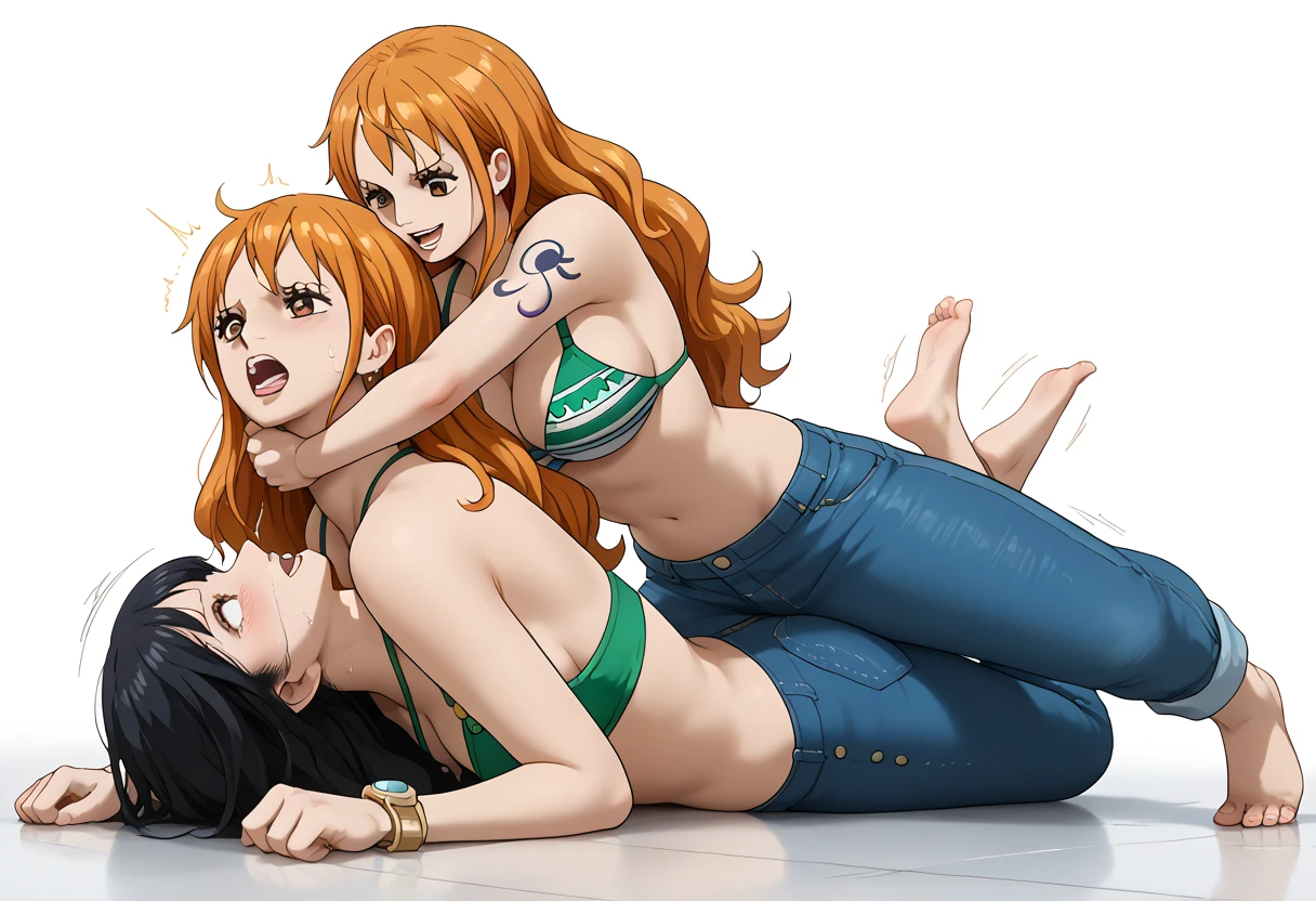 ((2girls:1.5)), duo, (Nico Robin and Nami), (One piece), (Nico Robin, [long black hair, dark blue eyes, Medium sized , Medum sized ass, hourglass body, nude, slim body]), (Nami, [Medium sized , Medium sized ass, hourglass body, long orange hair, brown eyes, nude, slim body]), Nami and Nico Robin hugging each other, ((nude:1.4)), bare pussy, smiling, Medium , Medium sized assses, hourglass bodies, (bedroom background), ((best quality)), ((masterpiece)), ultra resolution, 8k, vaginas in viewers face, close up, high detail, Nami and Robin hugging eachother tightly, (White semen on bodies), (Nami kissing Robin), ((vibrant)), ((White semen on boobs)), (white semen on ass), ((brighter colors)),