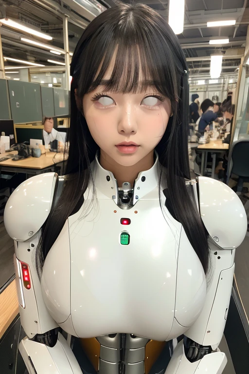 masterpiece, best quality, extremely detailed, Japaese android girl,portrait,Plump,a bit chubby,control panels,android,Droid,Mechanical Hand, Robot arms and legs, Black hair,Blunt bangs,perfect robot girl,long tube,thick cable connected her neck,android,robot,humanoid,cyborg,japanese cyborg girl ,robot-assembly plant,She is assembling now,assembly scene,shirome,chest monitor,office-lady