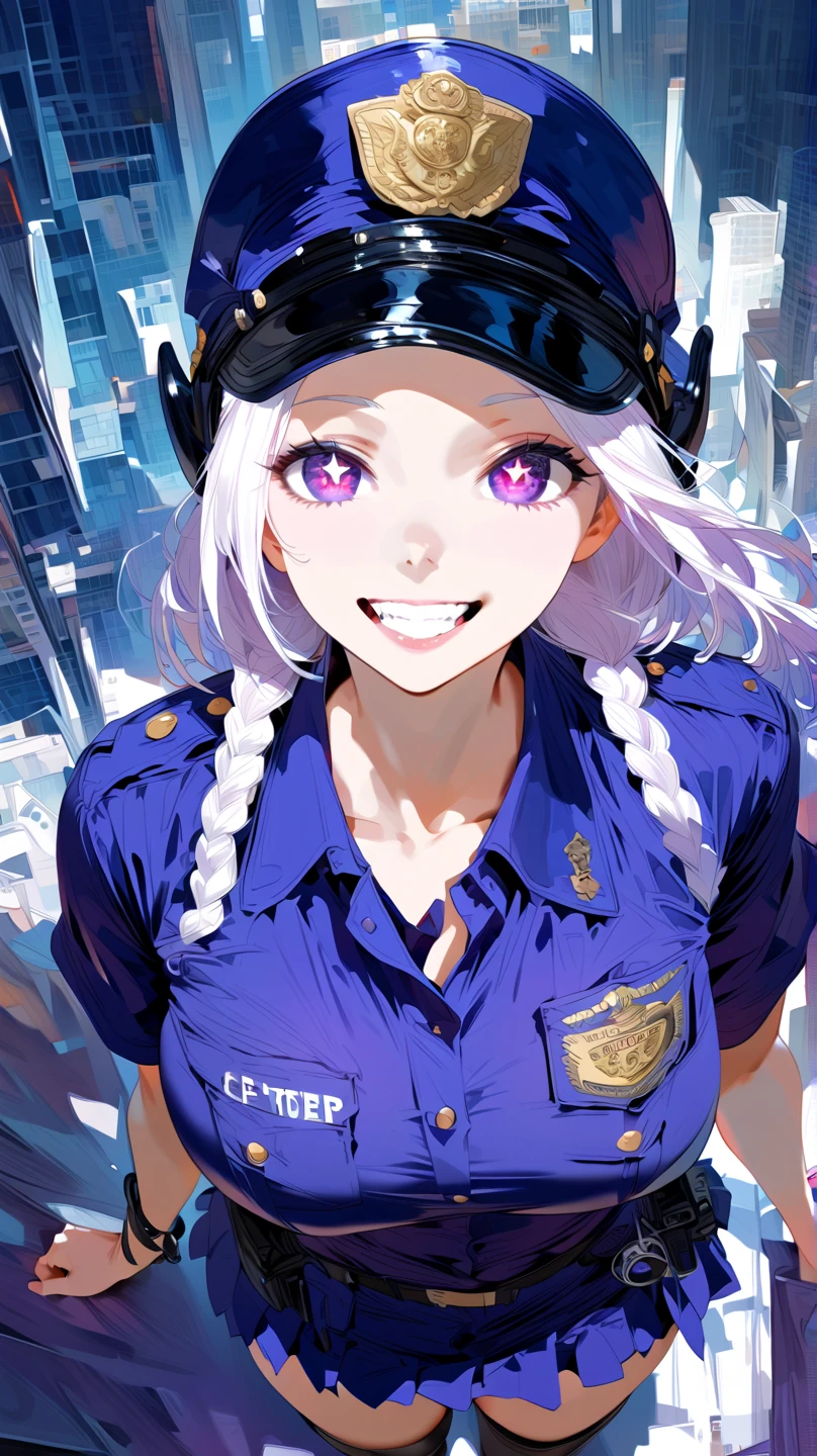 (masterpiece, best quality:1.2), 1 girl, unique, police uniform, short skirt, star-shaped pupils, detailed beautiful glistening purple eyes, detailed mouth, happy expression, canine teeth, bright smile, white hair in braids, grabbing police cap with one hand, (from above: 1.3), full body, creative accessories, creative background, parted lips,