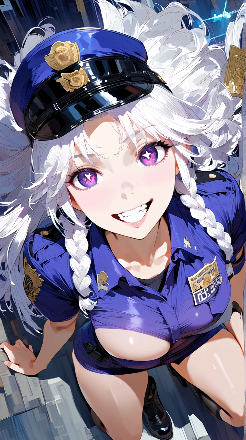 (masterpiece, best quality:1.2), 1 girl, unique, police uniform, short skirt, star-shaped pupils, detailed beautiful glistening purple eyes, detailed mouth, happy expression, canine teeth, bright smile, white hair in braids, grabbing police cap with one hand, (from above: 1.3), full body, creative accessories, creative background, parted lips,