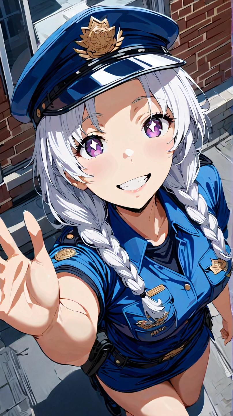 (masterpiece, best quality:1.2), 1 girl, unique, police uniform, short skirt, star-shaped pupils, detailed beautiful glistening purple eyes, detailed mouth, happy expression, canine teeth, bright smile, white hair in braids, grabbing police cap with one hand, (from above: 1.3), full body, creative accessories, creative background, parted lips,