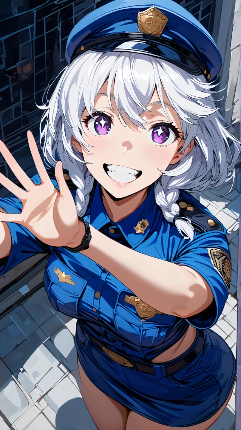 (masterpiece, best quality:1.2), 1 girl, unique, police uniform, short skirt, star-shaped pupils, detailed beautiful glistening purple eyes, detailed mouth, happy expression, canine teeth, bright smile, white hair in braids, grabbing police cap with one hand, (from above: 1.3), full body, creative accessories, creative background, parted lips,