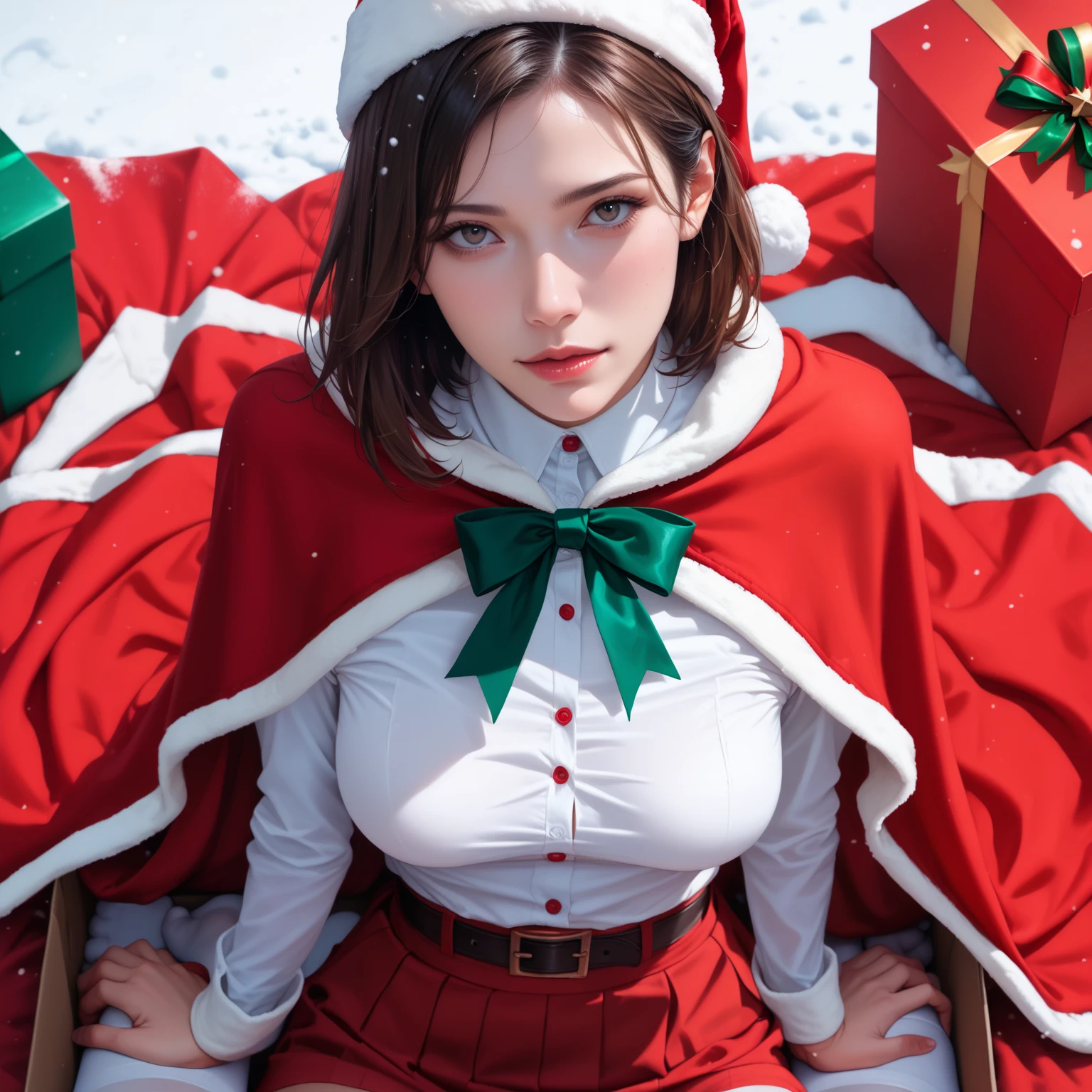 score_9,score_8_up,score_7_up,high res image,masterpiece,best quality,realistic,1girl,santa_costume,white_shirt,(red cape:1.2),(red skirt:1.2),snow,(from_above:1.2),(sitting in a gift box:1.3),(white stockings:1.4),(face focus:1.2),(medium breasts:1.3),