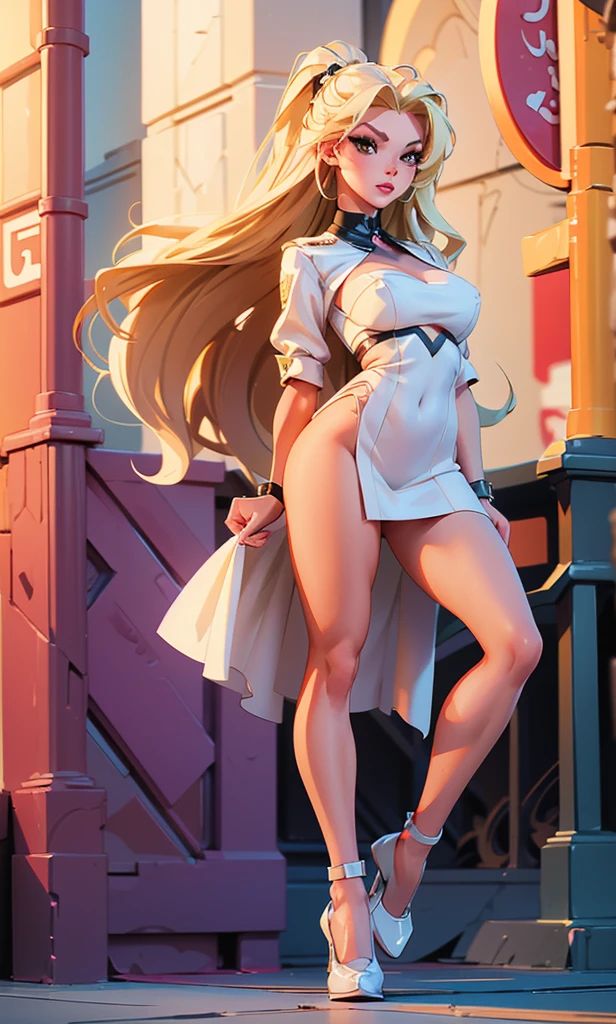 Masterpiece, 1 girl, Barbie Sins, babe, beautiful, slim and tall, long hair, blond hair, brown eyes, arched eyebrows, full body, breasts, pretty legs, abdomen plano, Kpop outfit, white dress, short dress, corsé dress, white shoes, (((desnuda))), on the street, dark sky, Danger Zone , 