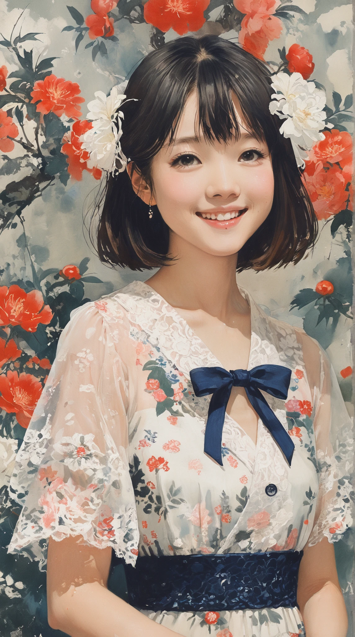 style of Kawanabe Kyosai, Asian、high school girl、Bobcut、Lace dress、Floral Background、smile、Upper Body