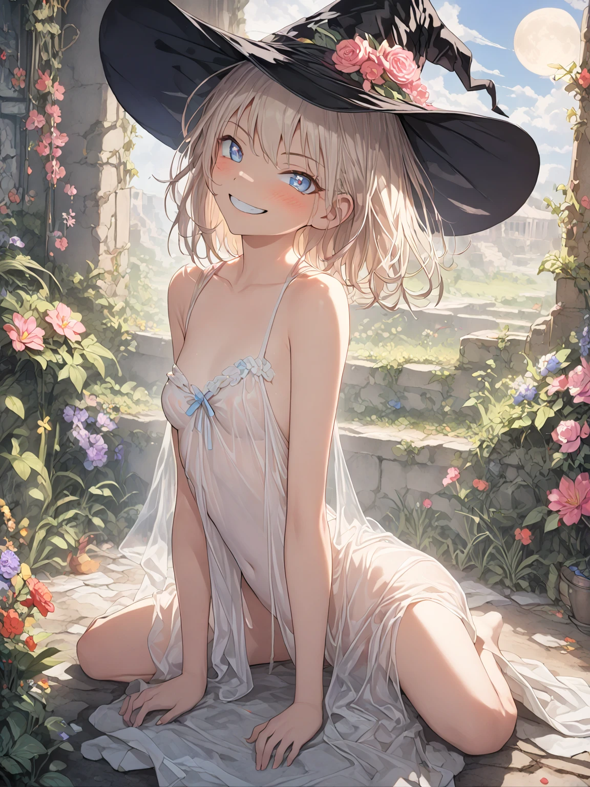 anime style,small girl,12years old,jellyfish witch,
short/bob light_brown hair,see-through prizm_blue witch maxi dress,witch hat,cape,
wearing long cloak,under the blue sky,smile,walking beachside