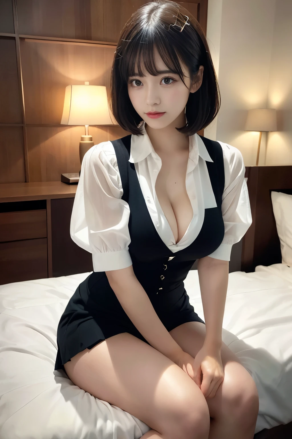 Pretty girl, thin legs, high heels on the ground, hotel room, (masterpiece:1.3), (8k, photorealistic, RAW photo, best quality: 1.4), (1girl), beautiful face, (realistic face), (black hair, short hair:1.3), beautiful hairstyle, realistic eyes, beautiful detailed eyes, realistic skin, beautiful skin, super high resolution, super realistic, very detailed, golden ratio, cute, sexy schoolgirl in jk uniform, surreal high school girl, short skirt, tight skirt, black stockings, full body view, thin arms, long hair, big breasts