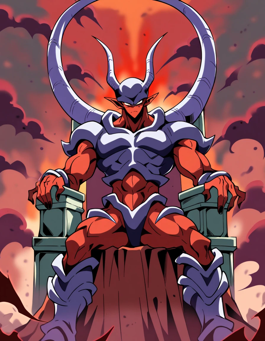 1guy, solo, cowboy shot, Janemba, colored skin, fingernails, horns, male focus, red skin, pointy ears, tail, (black eyes), sitting on throne,in the hell, serious  , intimidating