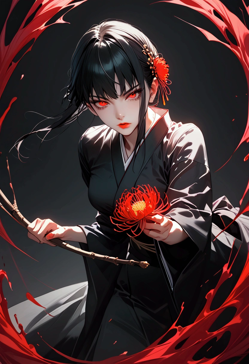 Yor Briar from Spy X Family, fair skin, blood red eyes, dark make up, black hair, dynamic pose, kimono, lycoris radiata