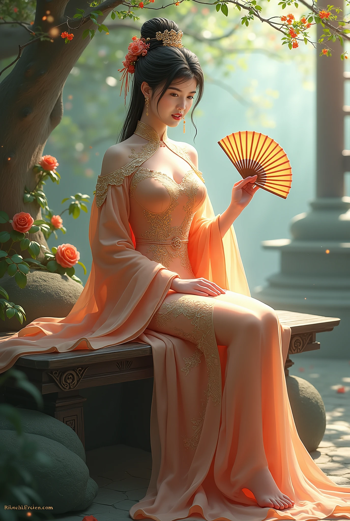 Beautiful young woman,Delicate and well-defined features,Large expressive eyes,Pale pink lips,Perfect porcelain skin,Black hair, black eyes,Add highlights to the eyes,Double bun hairstyle,Graceful posture,A look full of happiness,Modern Chinese Dress,Beautifully detailed and intricate floral embroidery,Decorative ball buttons on the front,Beautiful legs peeking through the slit,Floral embroidery on the lining,Flower Hair Ornaments,See-through sleeves,
Depth of written boundary,(Spring in the ancient Chinese court,White Wall,Vermilion pillars and decorative beams,Golden interior,colorful:1.2),Detailed Chinese-style pattern on the wall,Ideas and proposals,A folding screen with a landscape painting,Chinese lanterns with their intricate Chinese patterns and soft light,Incense burner on a shelf,Edge lighting,Very detailed,Cinematic composition,Intricate details,Digital Painting,(Super detailed,Assertive breasts,Soft Shadows,Fascinating:1.3),Official Art,
Warm tones,Cozy atmosphere,A gentle and sweet space,Thin contours,
Dynamic composition,Dramatic Scene,Dynamic Action,
reality,Actual photo,Photorealistic,
masterpiece,Highest quality,High resolution,Ray Tracing,8k,Raw photo,Award-winning,
beautiful,Browsing Caution,Accurate human body,Perfect Anatomy,
Look at me and smile,Natural lighting on a woman's face,More beautiful and detailed face,(Detailed and perfect face and body,Close up her:1.2),
Correct five-finger,