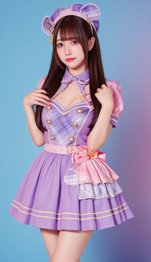 A hyper-realistic portrait of a beautiful **-****-*** Japanese girl dressed as an idol. She has long, golden-brown hair and sparkling bright eyes. Her outfit is a stylish idol uniform in shades of pink and purple, featuring a short pleated skirt, a fitted top with frills, and matching accessories. She is smiling radiantly in a cheerful pose, standing confidently on a stage setting with soft spotlights and a dreamy, vibrant atmosphere. Highly detailed and realistic lighting, with sharp facial features and smooth textures.