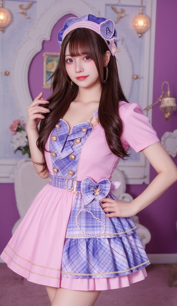 A hyper-realistic portrait of a beautiful 17-year-old Japanese girl dressed as an idol. She has long, golden-brown hair and sparkling bright eyes. Her outfit is a stylish idol uniform in shades of pink and purple, featuring a short pleated skirt, a fitted top with frills, and matching accessories. She is smiling radiantly in a cheerful pose, standing confidently on a stage setting with soft spotlights and a dreamy, vibrant atmosphere. Highly detailed and realistic lighting, with sharp facial features and smooth textures.