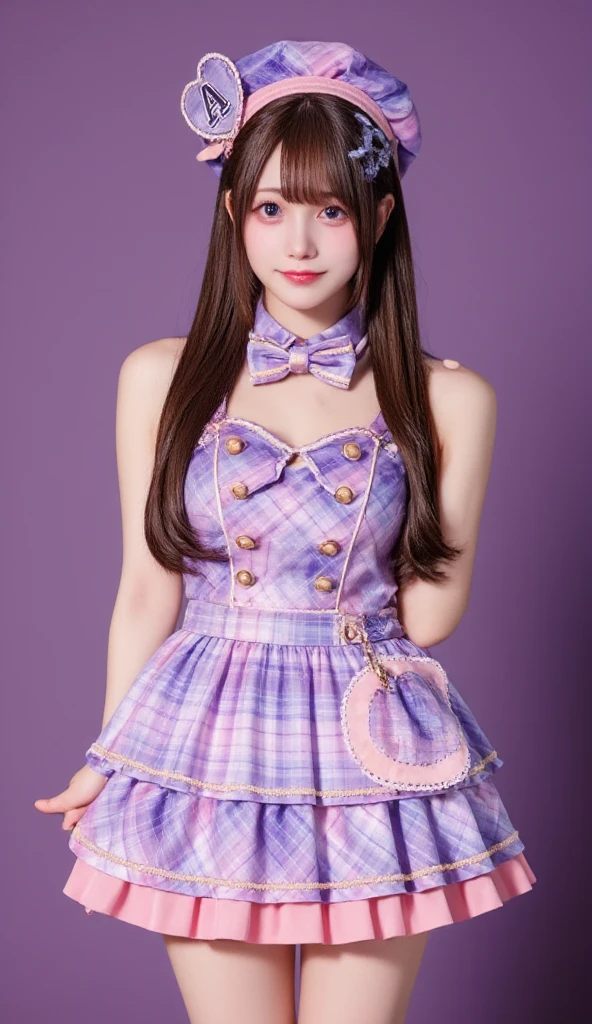 A hyper-realistic portrait of a beautiful -yeld Jaese girl dressed as an idol. She has long, golden-brown hair and sparkling bright eyes. Her outfit is a stylish idol uniform in shades of pink and purple, featuring a short pleated skirt, a fitted top with frills, and matching accessories. She is smiling radiantly in a cheerful pose, standing confidently on a stage setting with soft spotlights and a dreamy, vibrant atmosphere. Highly detailed and realistic lighting, with sharp facial features and smooth textures.