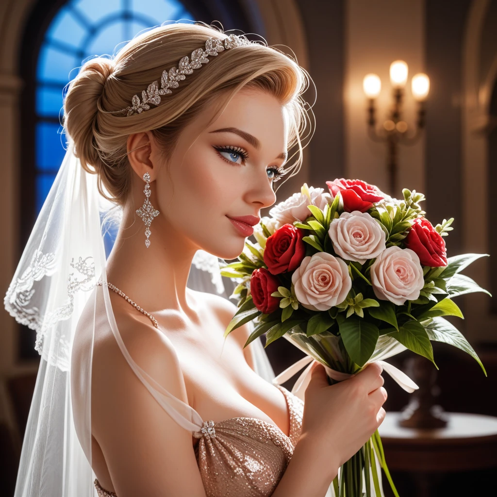  girl ,  blond hair,  beautiful eyes ,  perfect anatomy , Gorgeous, Darling, tender, darling, smiles, beautiful dress, Просто  Excellent е Сотканное Ручной роботы,  Beautiful jewelry ,  at night ,  there is a glass filled with and a beautiful delicate bouquet of flowers,  masterpiece fails,  Best quality ,  complex , 8 k,  maximum quality , Wonderful,  Excellent , amazing,  Lots of Details , bright colors,