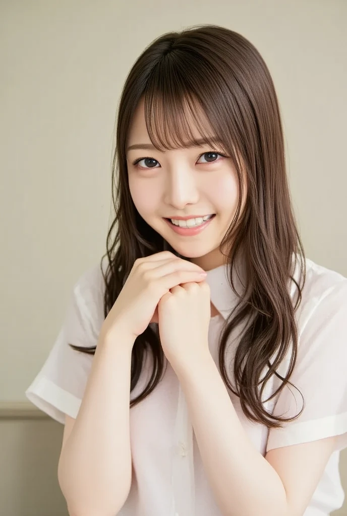 Create a beautiful 17-year-old high school girl with long golden-brown hair, sparkling bright eyes, and a radiant smile. She is wearing a neat school uniform, with an elegant and approachable vibe. She should look confident and kind, with a gentle, dreamy aura fitting a school idol