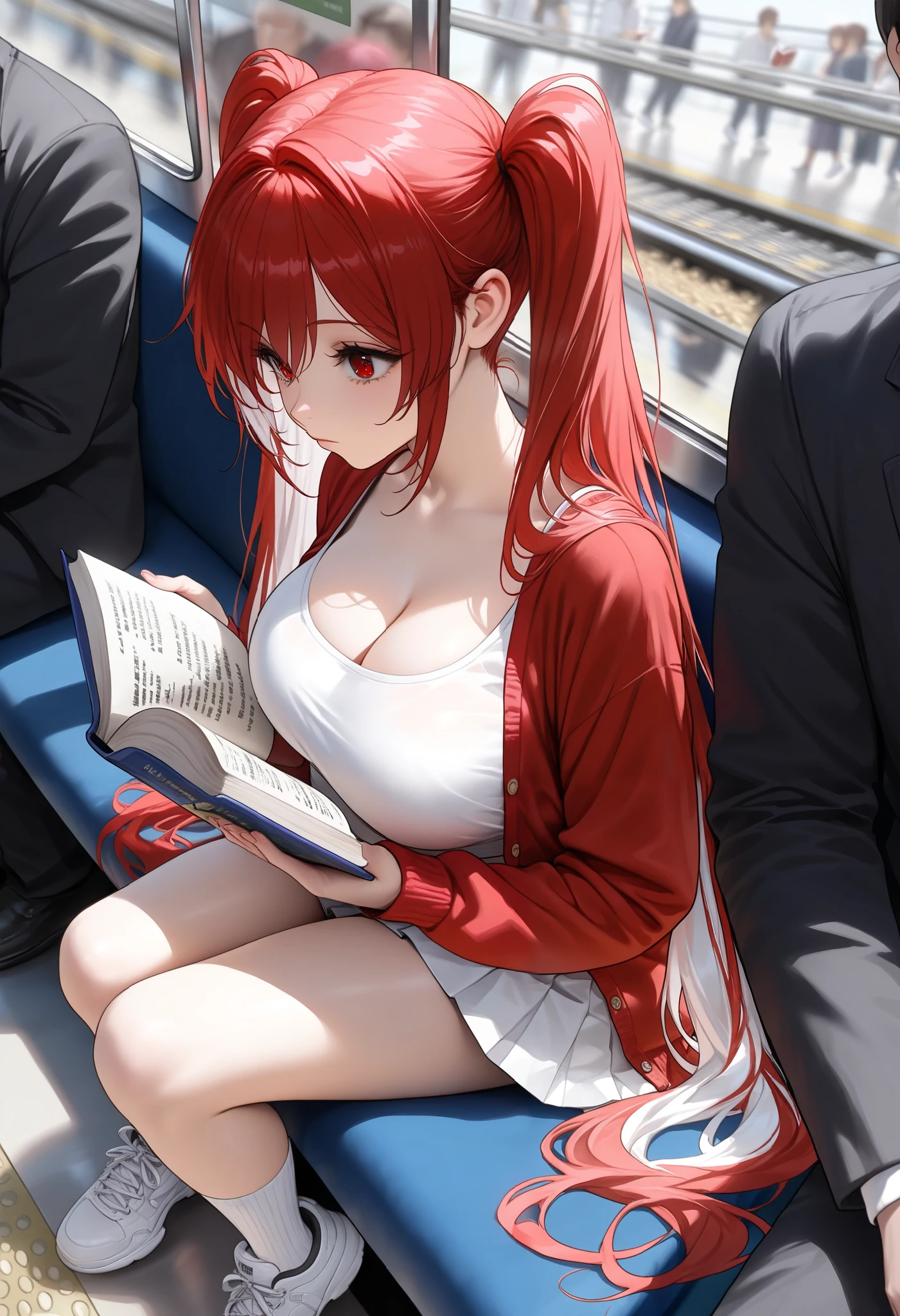 (masterpiece, high resolution, 2k resolution, best quality), slightly from side, high angle, candid portrait, (1girl, perfect anatomy, perfect face), ((multilayered hair color+white color:1.4+red color:1.3), long hair, twintail), ((red eyes), perfect eyes), big breasts, cleavage, white crop top, red cardigan, white pleated shirt, white very long socks, white sneakers, sitting on a train, (reading a book, immersed on book), crowd on train, many people on train