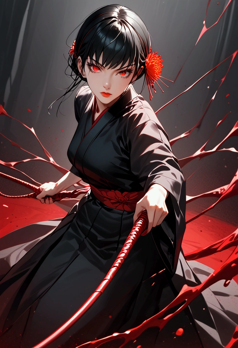 Yor Briar from Spy X Family, fair skin, blood red eyes, dark make up, black hair, dynamic pose, kimono, lycoris radiata, whip as a weapon, blood splatter