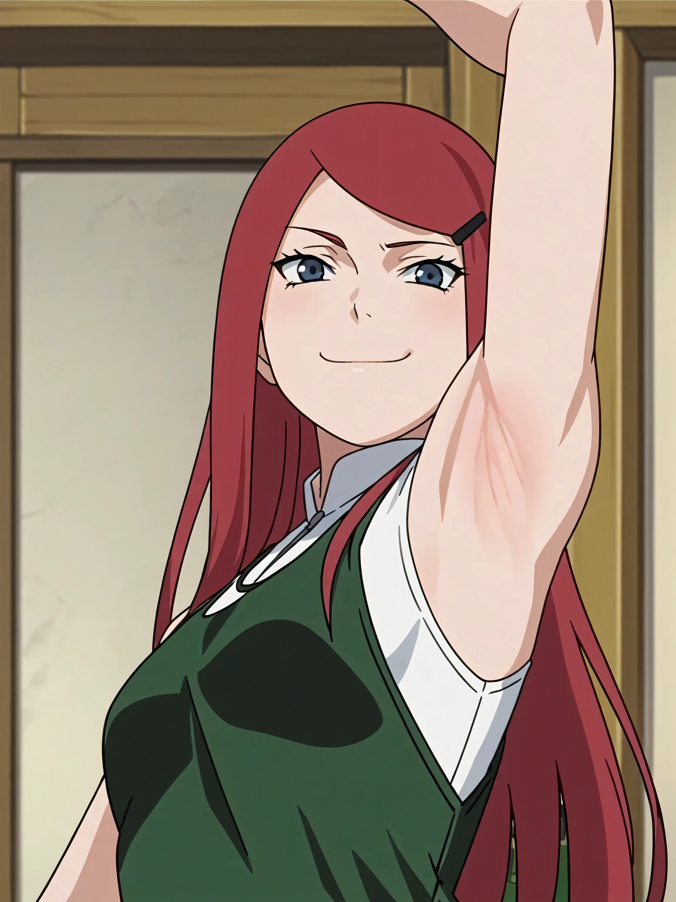 score_9, score_8_up, score_7_up, source_anime, anime screencap, 1girl, solo, kushinauzumaki, long hair, hairclip, green apron, white shirt, collar, arm up, raised arm, armpit, looking at viewer, head towards viewer, smile, closed mouth, badhandv4, from side, from below, smug