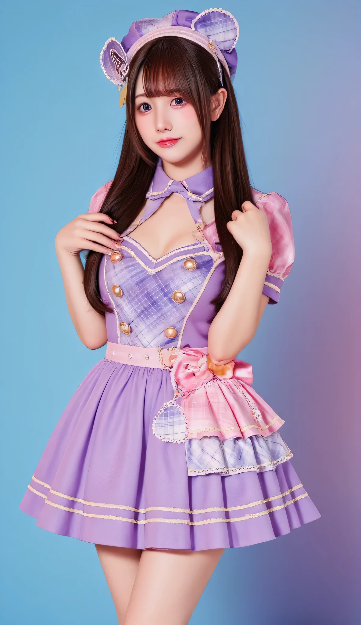 A hyper-realistic portrait of a beautiful -yeld Jaese girl dressed as an idol. She has long, golden-brown hair and sparkling bright eyes. Her outfit is a stylish idol uniform in shades of pink and purple, featuring a short pleated skirt, a fitted top with frills, and matching accessories. She is smiling radiantly in a cheerful pose, standing confidently on a stage setting with soft spotlights and a dreamy, vibrant atmosphere. Highly detailed and realistic lighting, with sharp facial features and smooth textures.