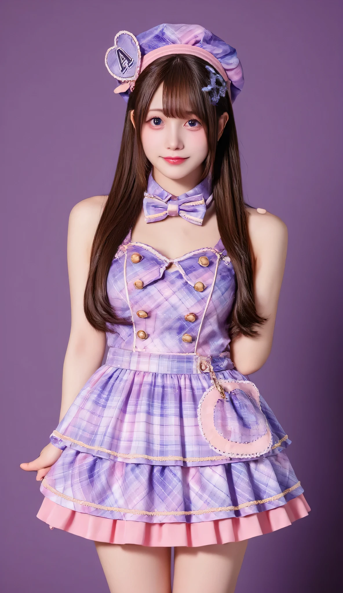 A hyper-realistic portrait of a beautiful 17-year-old Japanese girl dressed as an idol. She has long, golden-brown hair and sparkling bright eyes. Her outfit is a stylish idol uniform in shades of pink and purple, featuring a short pleated skirt, a fitted top with frills, and matching accessories. She is smiling radiantly in a cheerful pose, standing confidently on a stage setting with soft spotlights and a dreamy, vibrant atmosphere. Highly detailed and realistic lighting, with sharp facial features and smooth textures.