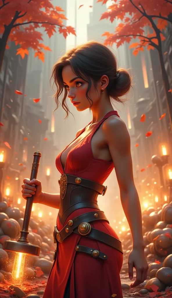 Rendered in anime semi-realistic 3D style, a fiery scene unfolds: a young woman stands amidst blazing flames and sparks, her striking red dress adorned with gleaming gold buttons and cinched at the waist by a black leather belt. Her determined expression holds a hammer aloft as she gazes out upon a desolate battlefield strewn with fallen leaves, the atmosphere shrouded in misty haze. Cinematic shot, bottom up point of view. ethereal magical lights and flames surrounding her.