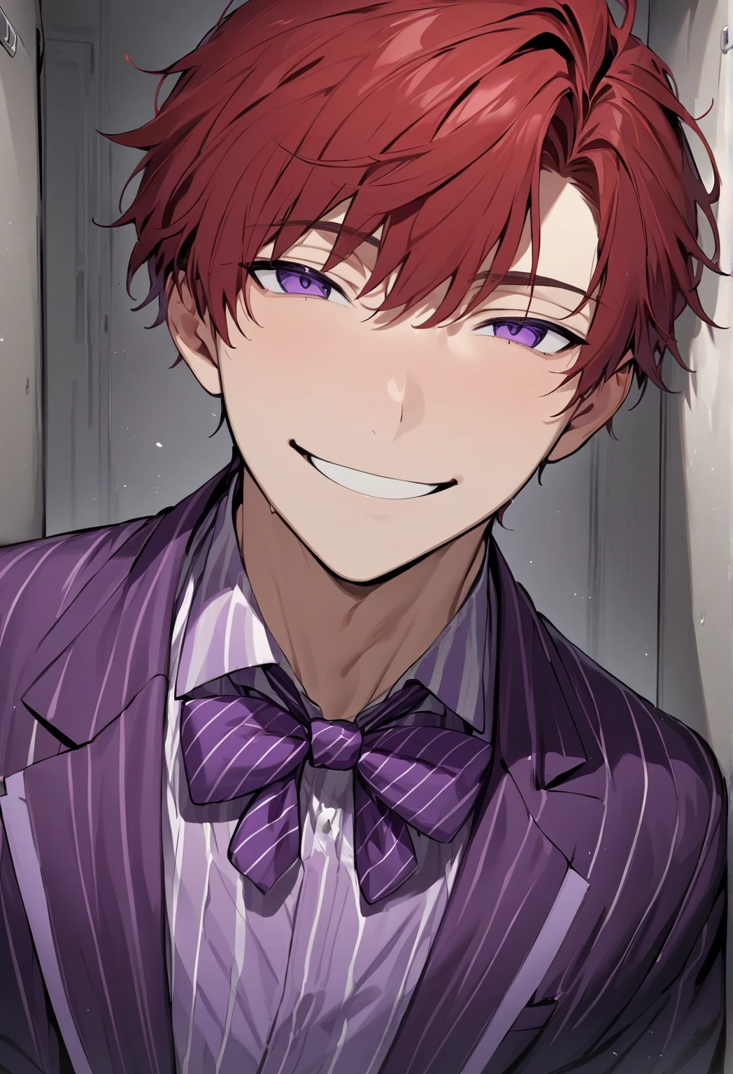 (Masterpiece, high resolution, best quality), solo, 1 boy, 20-years old man, cute, handsome face, red hair, dark purple eyes, Purple striped suit with bow tie, looking at viewer, solitary confinement in a mental hospital, young man, handsome face, eyes smiled, horny