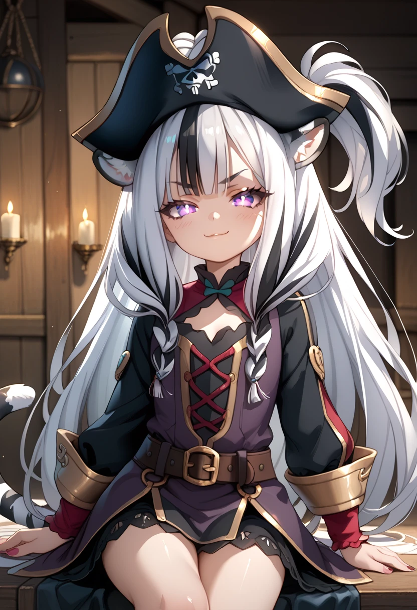 ((masterpiece)), 1girl, solo, long hair, white hair, black hair, multicolored hair, open eyes, purple eyes, glowing eyes, white tiger ears, white tiger tail, yandere, half-lidded eyes, sadistic smirk, shortstack, cute, pirate clothes, purple clothes, black clothes, multicolored clothes, pirate hat.