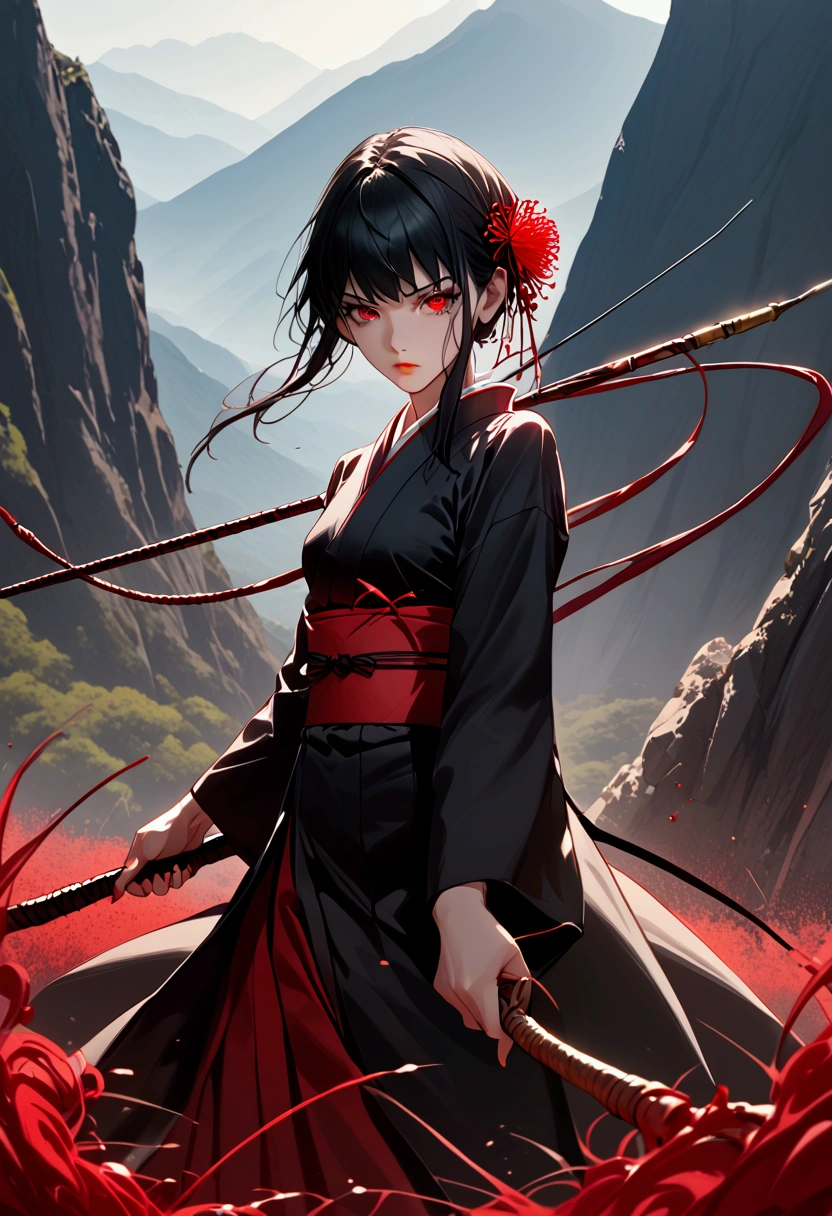 Yor Briar from Spy X Family, fair skin, blood red eyes, dark make up, black hair, dynamic pose, kimono, lycoris radiata, whip as a weapon, blood splatter, mountain background