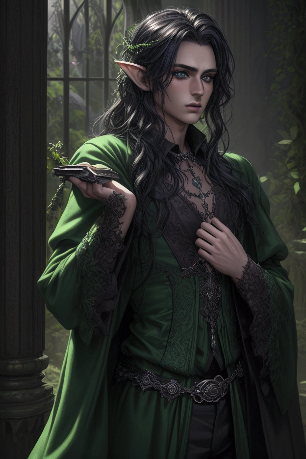 a young man with green clothing in a dark gothic neverland, detailed face and body, beautiful detailed eyes,beautiful detailed lips,extremely detailed eyes and face,longeyelashes, 1boy, intricate gothic architecture, dark moody lighting, moonlight, mysterious castle ruins, lush overgrown foliage, tiny detailed gothic female pixie, (best quality,4k,8k,highres,masterpiece:1.2),ultra-detailed,(realistic,photorealistic,photo-realistic:1.37),dark fantasy,concept art,dramatic lighting,vivid colors