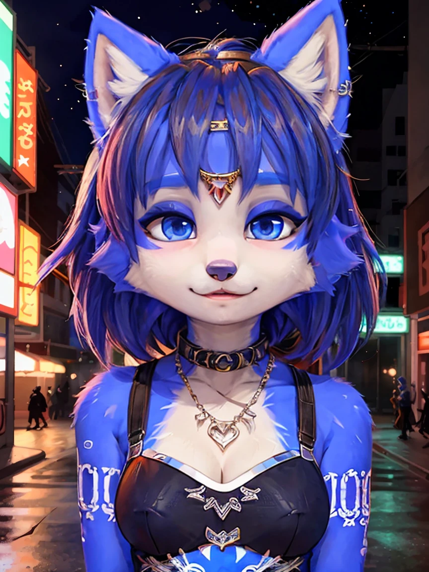 Portrait,((krystal)), (((Star Fox-Krystal:1.4))), lovable, green eyes, (((  Long blue hair 1  .3))), Decollete, anthro, blurred,  detailed Fluffys fell,   detailed face  , (Fluffy),   1 girl, ,woman, Goth, green eyes, Undercut, Ultra-realistic 8k CG  ,   masterpiece, ((  ultra-accurate backgrounds , delicate patterns,   complex part  )),   best quality,   complex part  s,   Chromatic aberration,   1 girl, full height  ,   long hair, dirty hair,   red markings  ,   hair over one eye , Sharp eyes, Necklace, , colorful graffiti, Hallo, dim light,   roadway  ,   masterpiece,   best quality, , Score_9, Score_8_high, Score_7_high, emo haircut :1.4