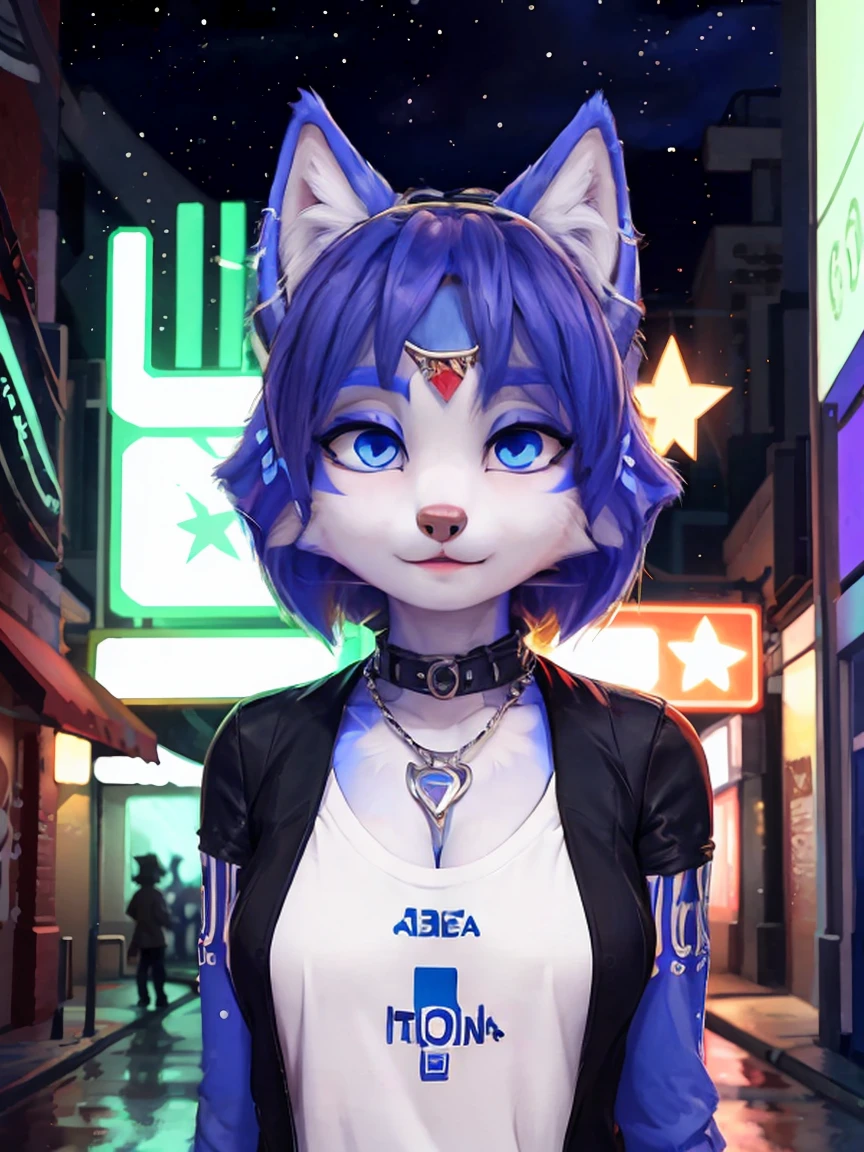 Portrait,((krystal)), (((Star Fox-Krystal:1.4))), lovable, green eyes, (((  Long blue hair 1  .3))), Decollete, anthro, blurred,  detailed Fluffys fell,   detailed face  , (Fluffy),   1 girl, ,woman, Goth, green eyes, Undercut, Ultra-realistic 8k CG  ,   masterpiece, ((  ultra-accurate backgrounds , delicate patterns,   complex part  )),   best quality,   complex part  s,   Chromatic aberration,   1 girl, full height  ,   long hair, dirty hair,   red markings  ,   hair over one eye , Sharp eyes, Necklace, , colorful graffiti, Hallo, dim light,   roadway  ,   masterpiece,   best quality, , Score_9, Score_8_high, Score_7_high, emo haircut :1.4