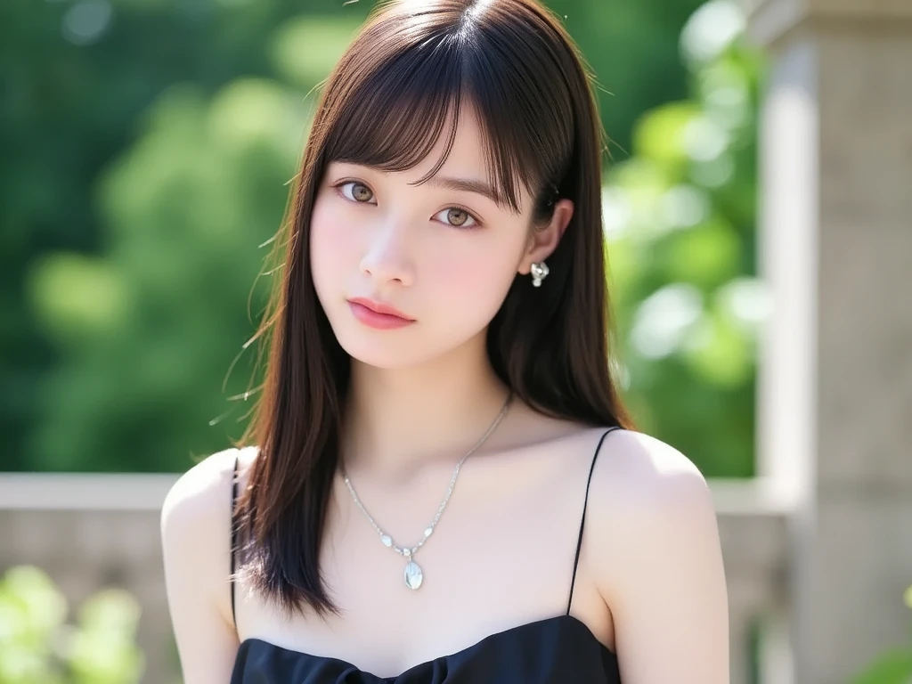  Hashimoto Kanna, one woman、beautiful、Perfect looks、 pale turquoise eyes :1.3, Big Breasts 、 perfect balance 、Black silk dress, Simple Diamond Necklace、((( blurry background)))、Luxury palace,、( please redeem : 1.1), (Realistic: 1.1), (  photos: 1.1), ( Very detailed: 1.1),nsfw, beautiful nipples, Completely naked、 boobs