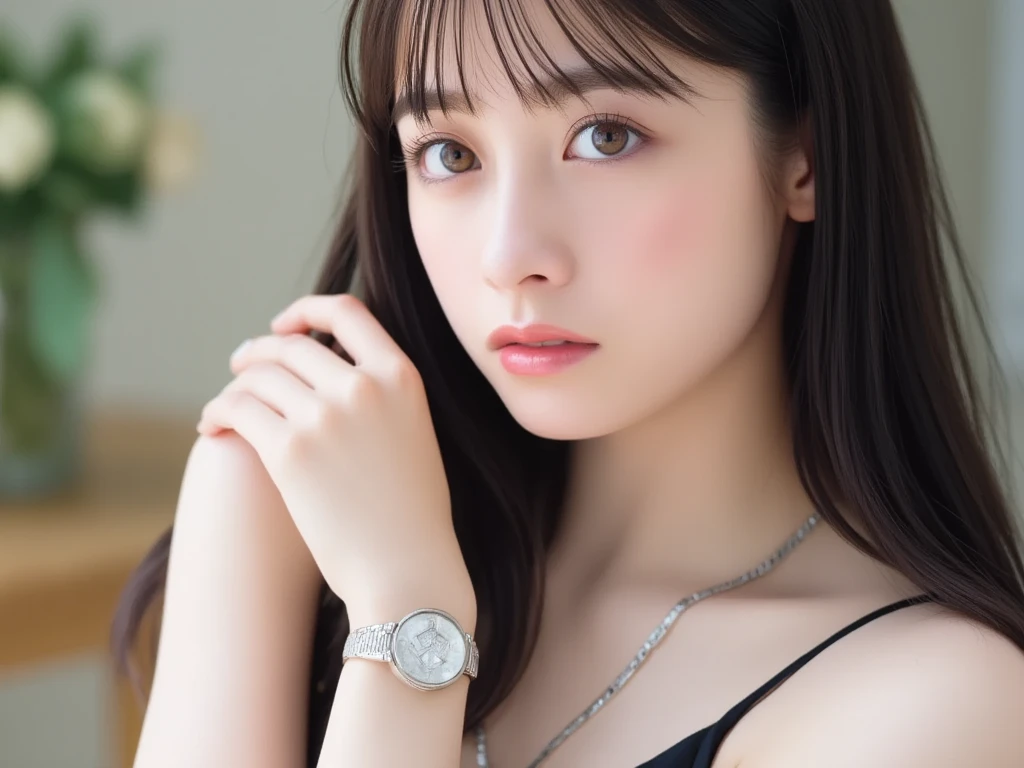  Hashimoto Kanna, one woman、beautiful、Perfect looks、 pale turquoise eyes :1.3, Big Breasts 、 perfect balance 、Black silk dress, Simple Diamond Necklace、((( blurry background)))、Luxury palace,、( please redeem : 1.1), (Realistic: 1.1), (  photos: 1.1), ( Very detailed: 1.1),nsfw, beautiful nipples, Completely naked、 boobs