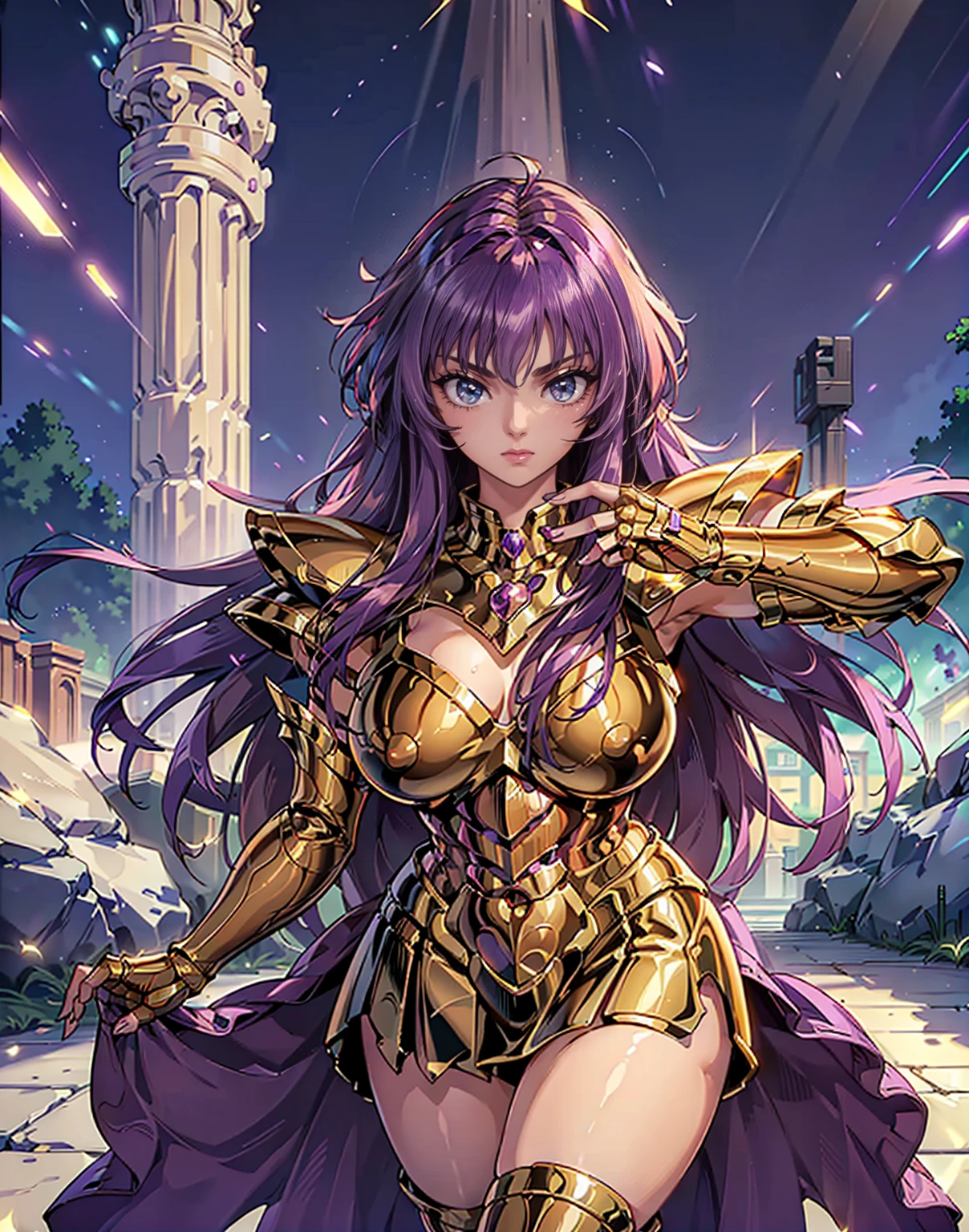 ((Best quality, detailed background,depth of field, volumetric lighting, sharp focus, Absurd, ultra-detailed), 1 sexy girl ((beautiful, medium-big breasts ,28 years old,  purple long hair, lush, soft, curvaceous body)), wearing gold armadure saint seya