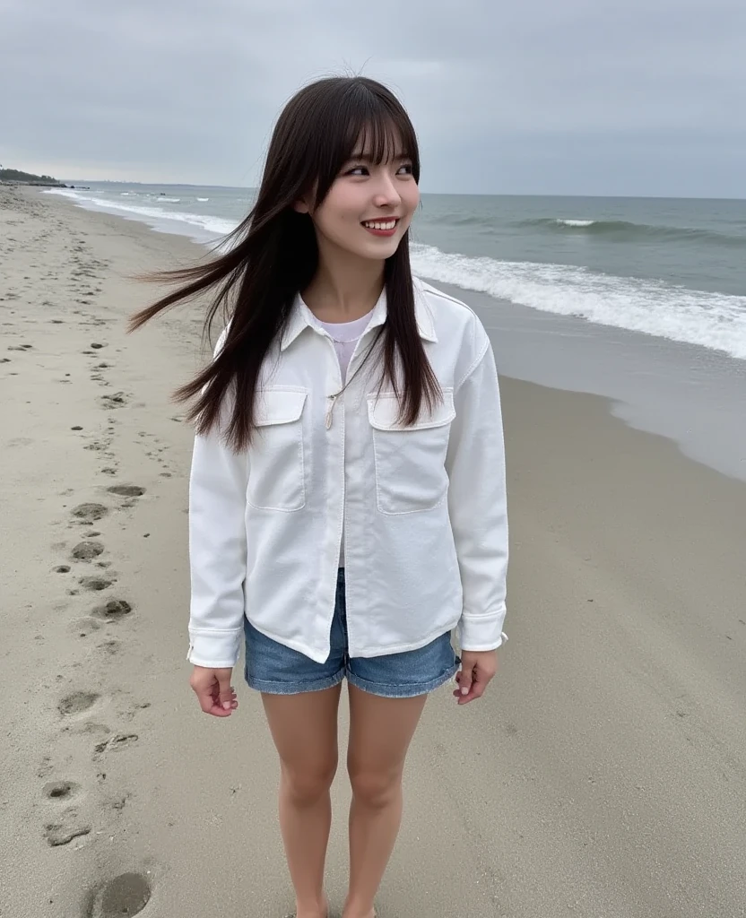 (8k、 RAW photo、 top quality 、masterpiece:1.2)、( realistic 、 Photorealistic)、 1 girl、(( Beach 、smile、 white shirt、 shorts、Big Breasts、 FRONT VIEW 、 standing with legs open 、))、  lots of eyelashes on your hands、 eyelids、  and a skeletal correct  、smile、
