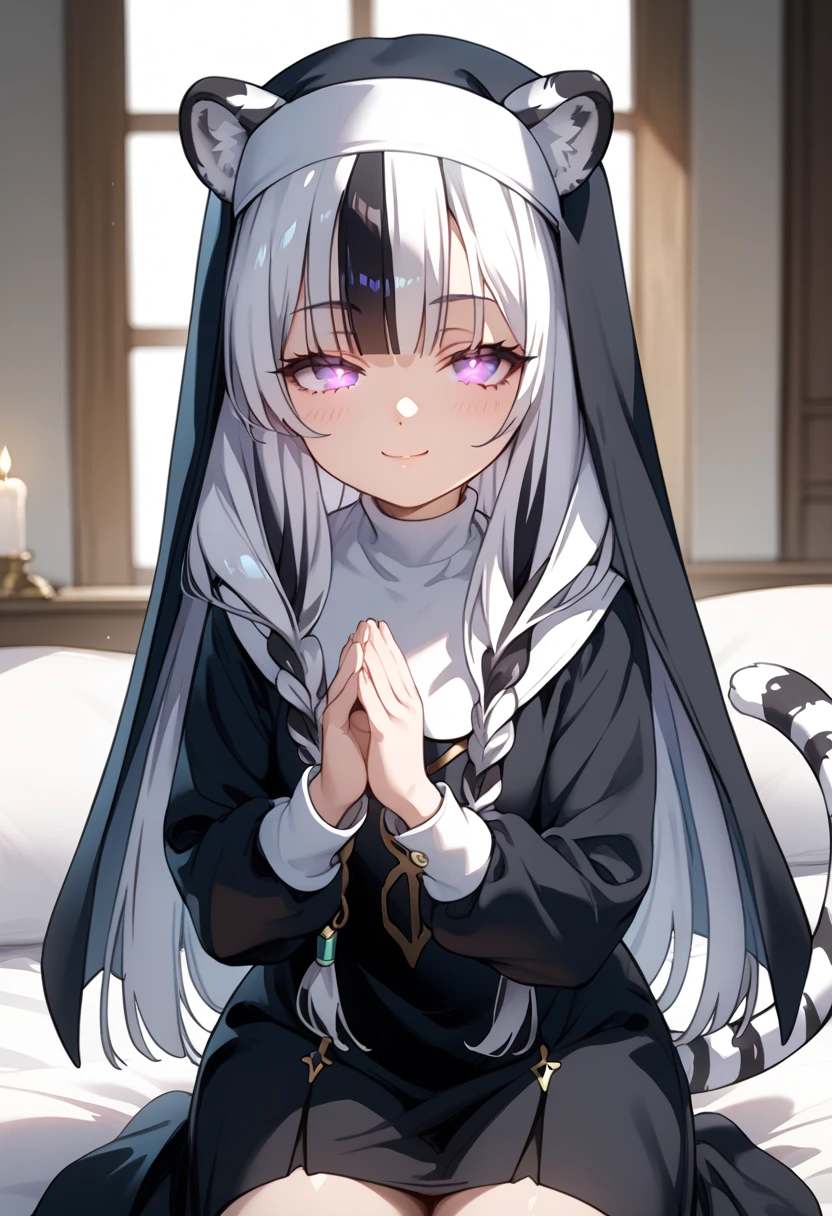 ((masterpiece)), 1girl, solo, long hair, white hair, black hair, multicolored hair, open eyes, purple eyes, glowing eyes, white tiger ears, white tiger tail, yandere, half-lidded eyes, sadistic smirk, shortstack, cute, nun clothes, purple clothes, black clothes, multicolored clothes, nun hat, praying.