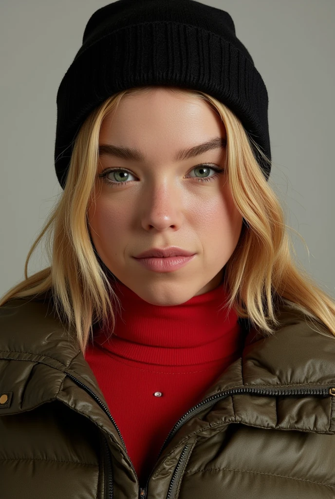 Milly Alcock, blonde hair,black beanie,winter jacket,red turtleneck sweater,potrait,the division style