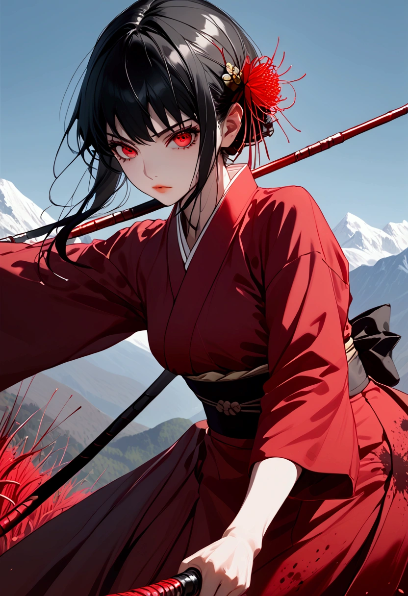 Yor Briar from Spy X Family, fair skin, blood red eyes, dark make up, black hair, dynamic pose, kimono, lycoris radiata, whip as a weapon, blood splatter, mountain background