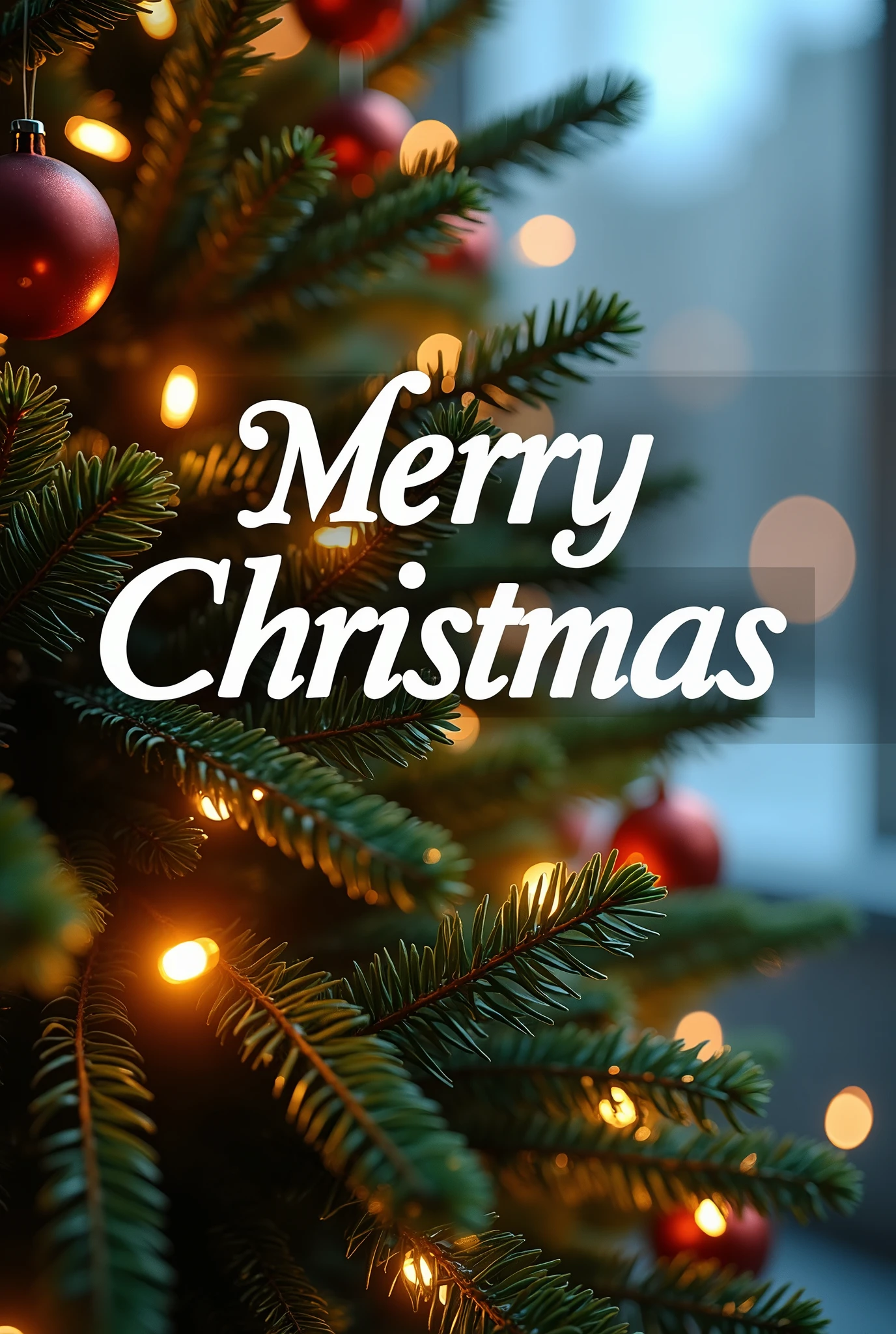 a close up of a  Christmas tree with lights on it,, tumblr,  Digital Art,  happy ,  profile picture,   Christmas,  🎀， profile picture, holiday season, , holiday, Background Image，Cover text " merry christmas" in beautiful white font