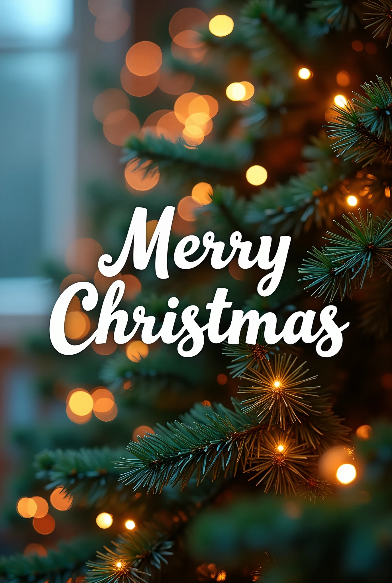 a close up of a  Christmas tree with lights on it,, tumblr,  Digital Art,  happy ,  profile picture,   Christmas,  🎀， profile picture, holiday season, , holiday, Background Image，Cover text " merry christmas" in beautiful white font