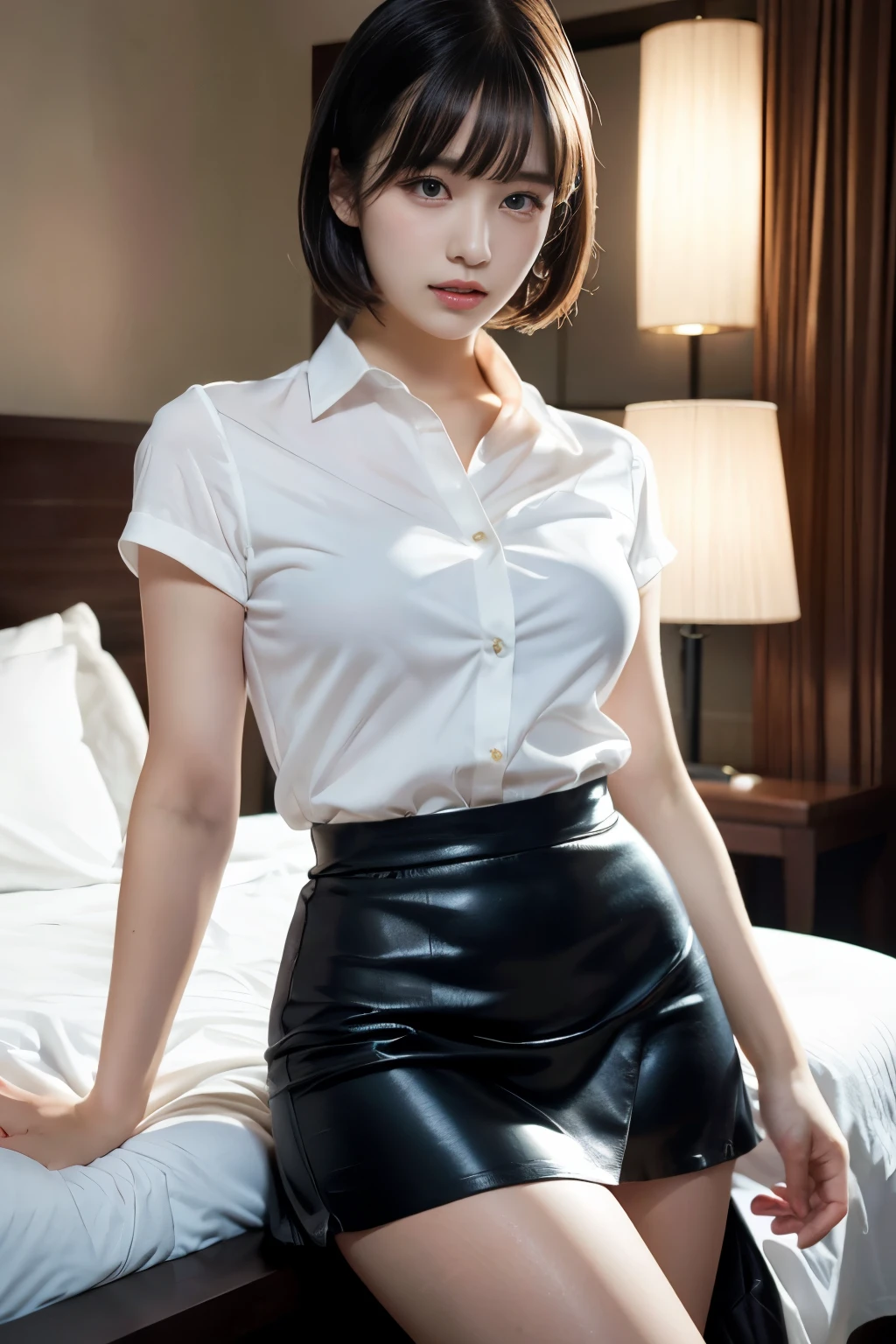 Female police officer、cute、young woman、1、Short Bob、Miniskirt Police、Sexy legs、Sitting cross-legged at the police box、(best quality,4K,8k,highres,masterpiece:1.2),ultra-detailed,(realistic,photorealistic,photo-realistic:1.37),HDR,uhd,studio lighting,ultra-fine painting,sharp focus,physically-based rendering,extreme detail description,professional,vivid colors,bokeh,cinematic lighting,dramatic shadow、High resolution, High-resolution model, Retina, Textured skin, Ultra high definition,