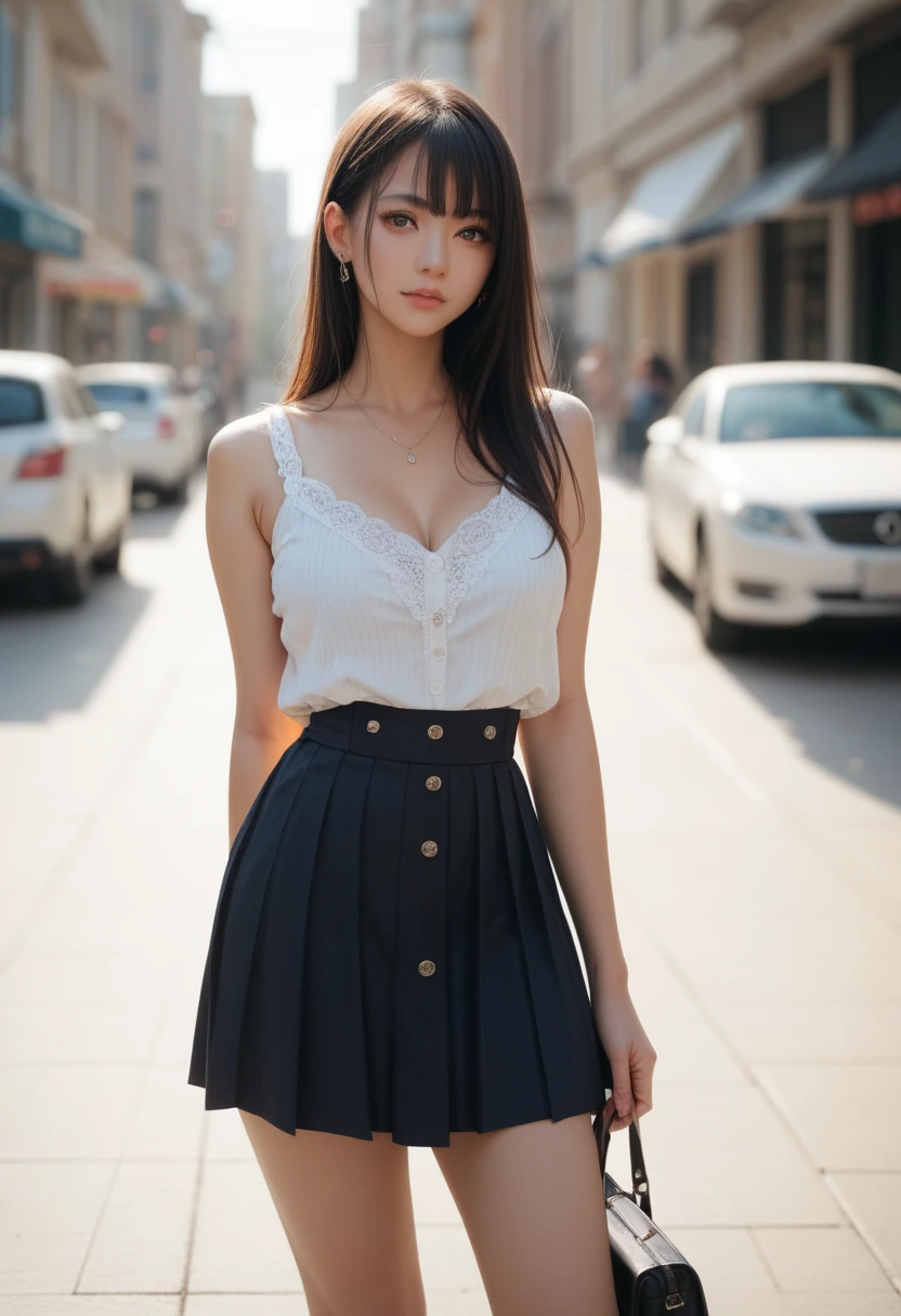 1girl, cute, 16 years old, girlish expression, look at viewer, spaghetti strap top ,high waist short skirt, photo, realistic, best quality, hires, detailed face, detailed background, diffused lighting, depth of field, bokeh, thighhighs