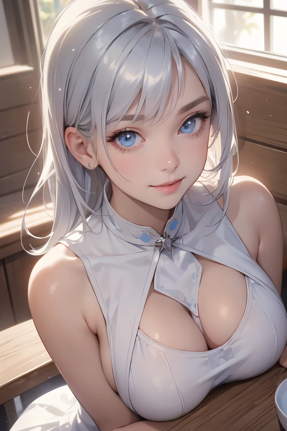 top quality , detailed face , cute face, Masterpiece , lady,  pure white sleeveless high neck sweater, Bare shoulders, Bare arms, Bare thighs, ( blue eyes 、silver hair wave short ),(smile), (Bright sunlight, coffee shop),(Big Breasts:1.4),  from above, ( close-up :1.5), 